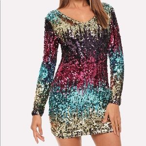 Rainbow Sequin long sleeve slim fit stretch dress